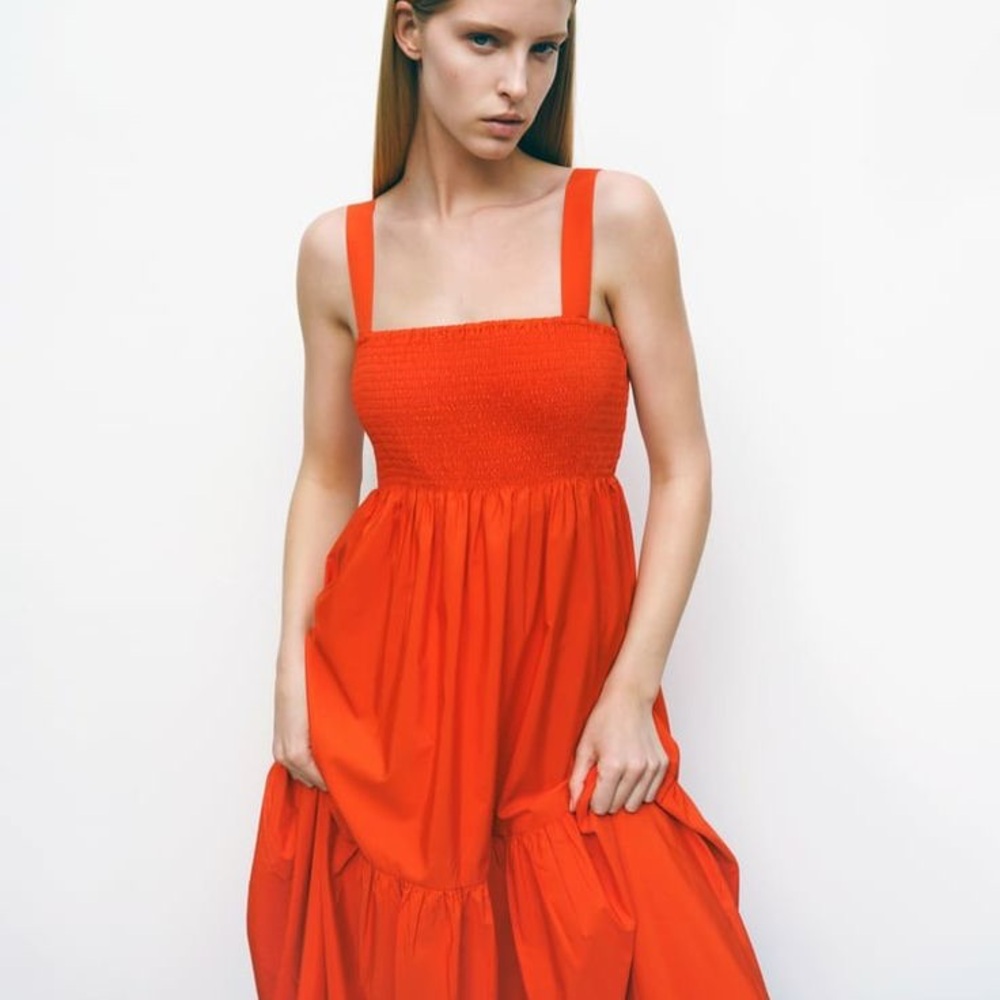 ZARA TIERED SMOCKED POPLIN MIDI DRESS SIZE LARGE